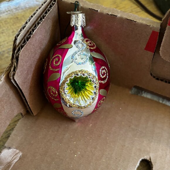 Old World Christmas ornament Triple Indent Reflector Hot Pink teardrop blown - Picture 1 of 2